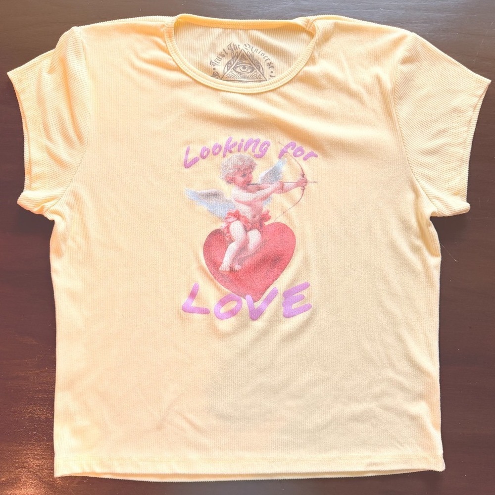 Trust The Universe Yellow Ribbed Baby Tee Cupid Looking For Love Graphic XL